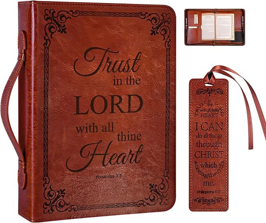 Large Bible Cover Case for Men Women, Mens Bible Covers Cases Leather Bible Cover Carrying Case for Women Men with Handle Zippered Bible Book Cover Holder Bag Case(Brown, L)