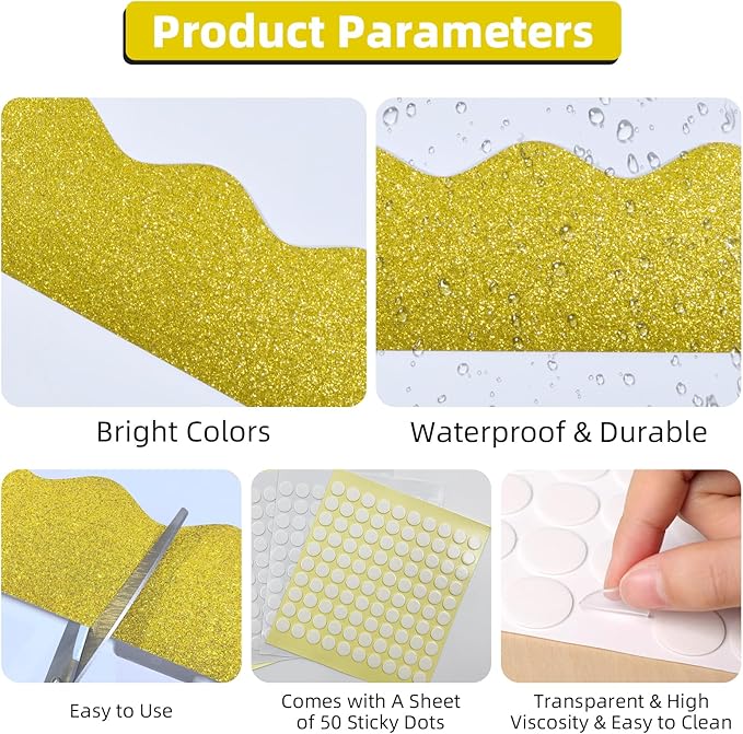 3 Rolls 98.4 Ft Glitter Bulletin Board Borders Set - Gold Bulletin Board Decorations for Classroom, Office，School Supplies & Home DIY - Perfect for Teachers, Posters & Birthday Party Decor