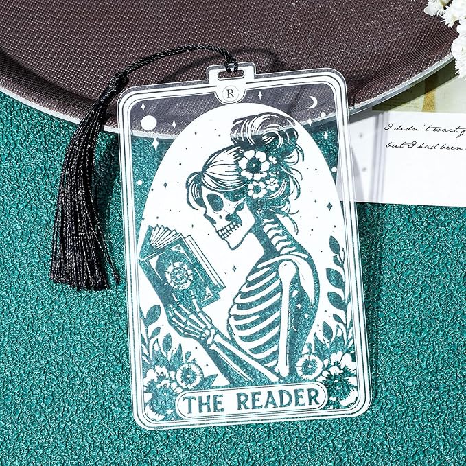 1Pc Translucent Gothic Skull Bookmarks for Women Readers - “Reader” Themed Acrylic Bookmark with Tassel for Nurses, Retirees, Men Gifts, Book Page Accessories, Reading Markers (Women Reader)