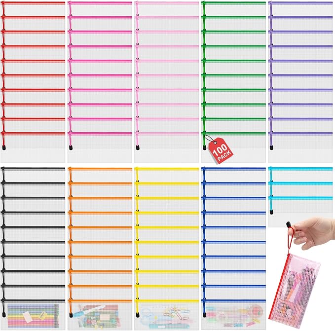 IKAYAS 100Pack Clear Pencil Pouch Mesh pencil pouch with zipper, Pencil Pouch Bulk mesh bags with zipper Document Bag File Folders in 10 Colors for Organizing, School and Office Supplies