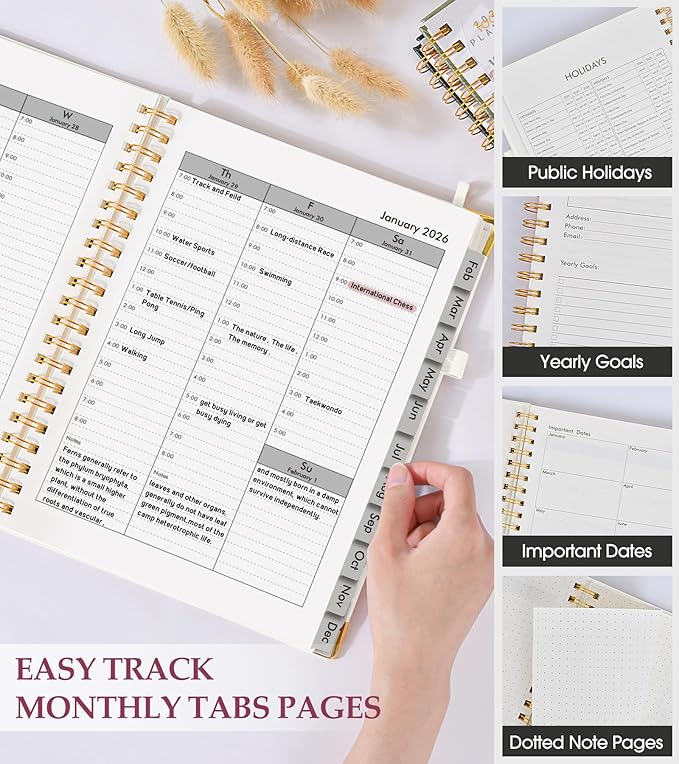 2026 Planner, Weekly and Monthly Calendar Planner from January 2026 - December 2026, 8.5" x 11" Hardcover Leather Hourly Appointment Book with Tabs, Spiral Daily Planners for College School Work Home, White