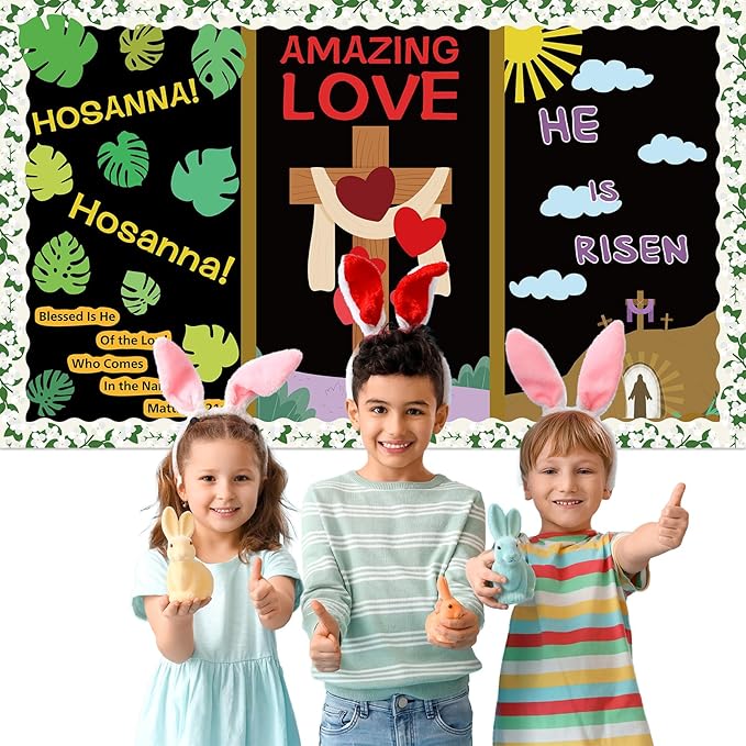 Easter Religious Bulletin Board Set Christian Jesus Classroom Decorations He is Risen Bulletin Board Easter Love Hearts Cross Jasmine Borders Cutouts for Sunday School Church Chalkboard Wall Decor