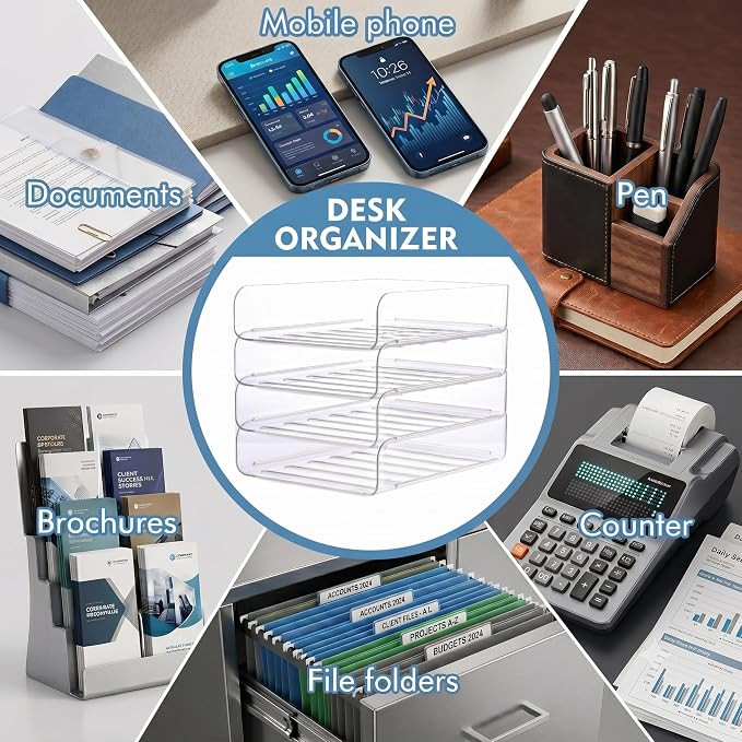LALOBLUE Stackable Letter Tray Desk Organizer, Set of 4 Clear PET Paper & File Organizers, Document Storage for Office Supplies