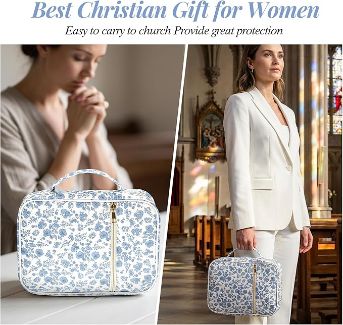 Bible Cover Case for Women, Large Bible Bag with Bible Study Supplies Accessories Christian Gifts for Women, Portable with Sturdy Handle and Highlighters, Blue Flower