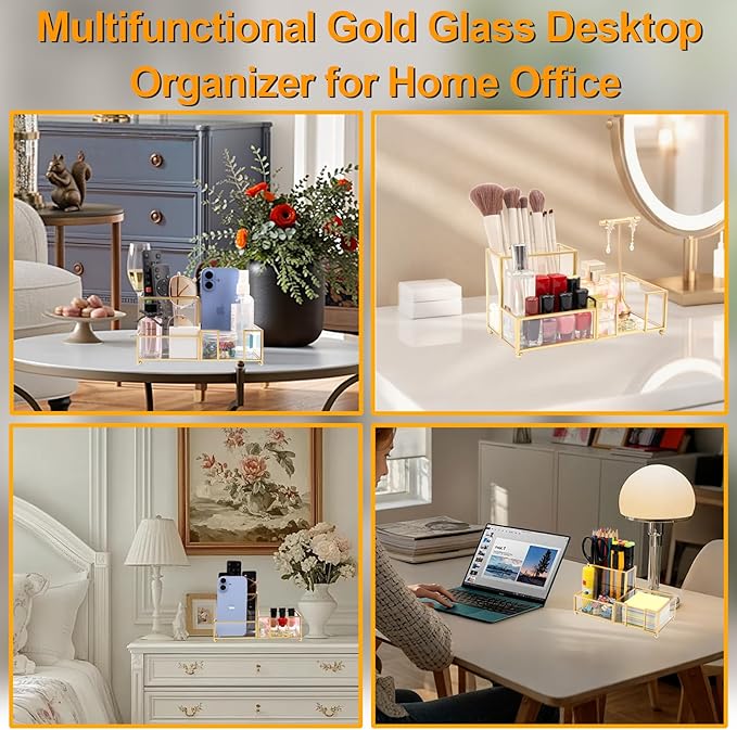 Desk Organizer with 3-Compartments,Glass Small Desk Organizer for Pens Pencils Business Cards Sticky Notes Paper Clips,Gold Stylish Pen Holder for Desk Home Office Decor