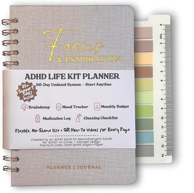 ADHD Planner for Adults – 90-Day All-in-One ADHD Life Kit & Neurodivergent Toolkit, Daily Planner with 35+ Support Tools, Brain Dump, Mood & Gratitude Tracking, Linen Cover, Gold Spiral, 256 Pages