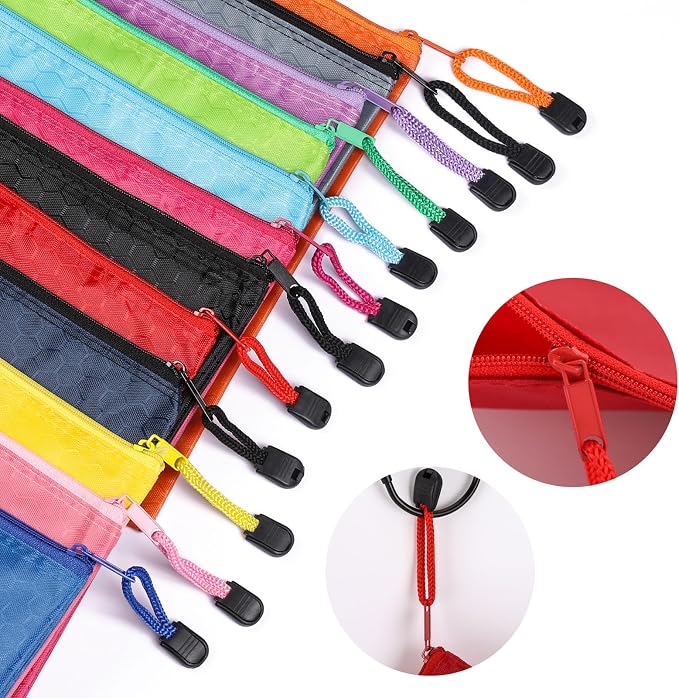 12pcs Zipper Pouch with Labels, Waterproof Pencil Storage Bags for Office Supplies Travel Accessories, A4 Size, 12 Colors