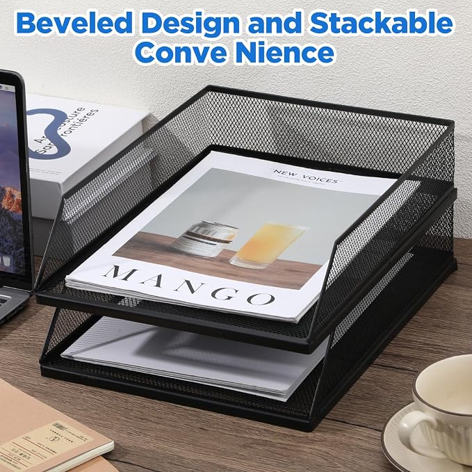 2Pcs Paper Organizer for Desk Metal Letter Tray Paper Tray Stackable File Holder A4 Black Desk Files Organizer Office Supplies File Document Storage Rack desks Drawer Organizers for Home