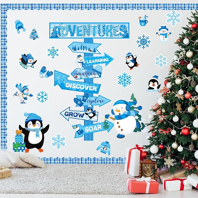 Winter Bulletin Board Set Winter Adventures Classroom Decorations Adventures in Learning Snowman Snowflake Penguin Paper Cutouts for January Holiday Party Supplies