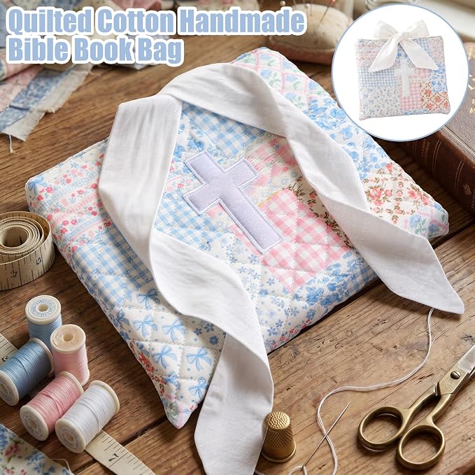 Honoson Quilted Bow Bible Sleeve Cover Case Padded Protector Washable Bible Bag Pouch Christian Gift for Women Girls Book Lover Gifts(Blue Floral Patchwork Cross)