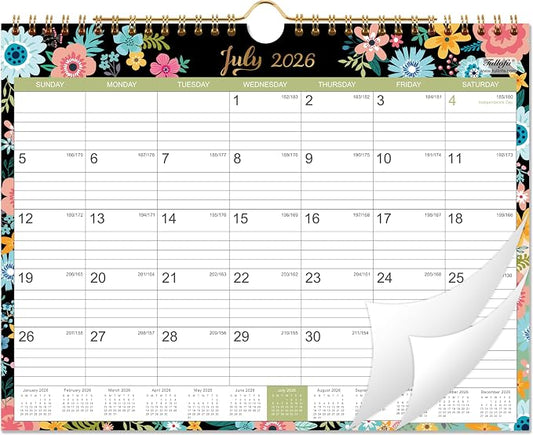 Calendar 2026-2027 - Wall Calendar 2026-2027 with 18 Months, Jul. 2026 - Dec. 2027, Wall Calendar with Twin-Wire Binding + 11" x 8.5" + Hanging Hook + Ruled Blocks with Julian Dates - Black Floral