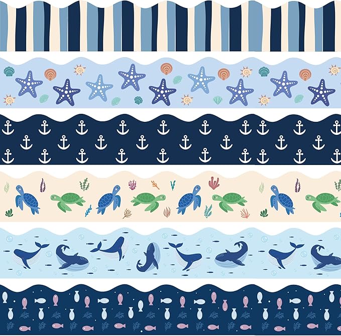75Ft Ocean Bulletin Board Borders Summer Sea Themed Scalloped Trim Turtle Whale Fish Bulletin Borders Back to School Boho Classroom Home Office Chalkboard Wall Door Decorations for Summer Beach Pool