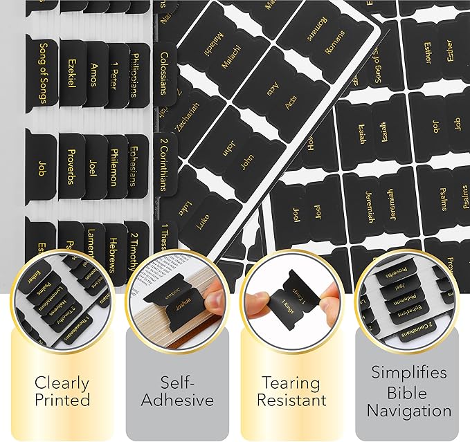 Mr. Pen- Laminated Bible Tabs, 75 pcs, Black, Gold Foil Embossed Lettering, Easy-to-Read & Apply, Tear Resistant Index Tabs for Women and Men, Bible Tabs for Men, Prayer & Scripture Navigation