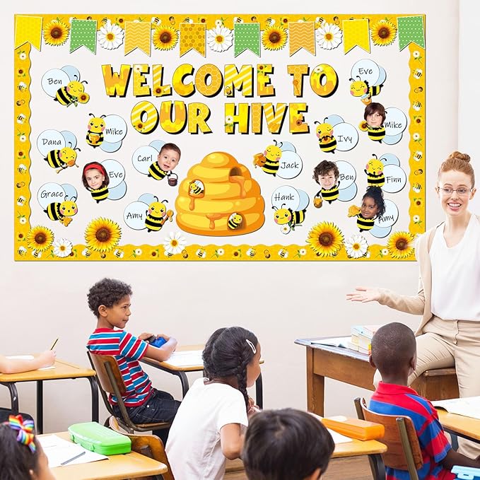 gisgfim Spring Bee Bulletin Board Decorations Set Bee Sunflower Paper Name Tags Paper Cutouts Welcome to Our Hive Classroom Bulletin Board Decor for Summer Back to School Home Chalkboard Wall