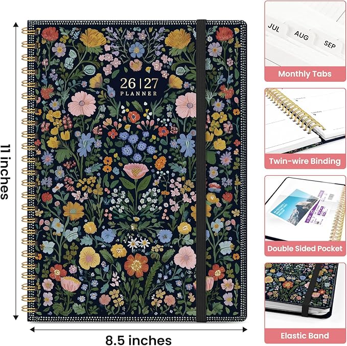 Planner 2026-2027, Academic Monthly and Weekly Calendar Planner for Women, July 2026 - June 2027, Hardcover Pretty Agenda Planner Book with Tabs, Spiral Daily Organizer for School Office Home Supplies, 8.5" x 11" - Garden of Whimsy