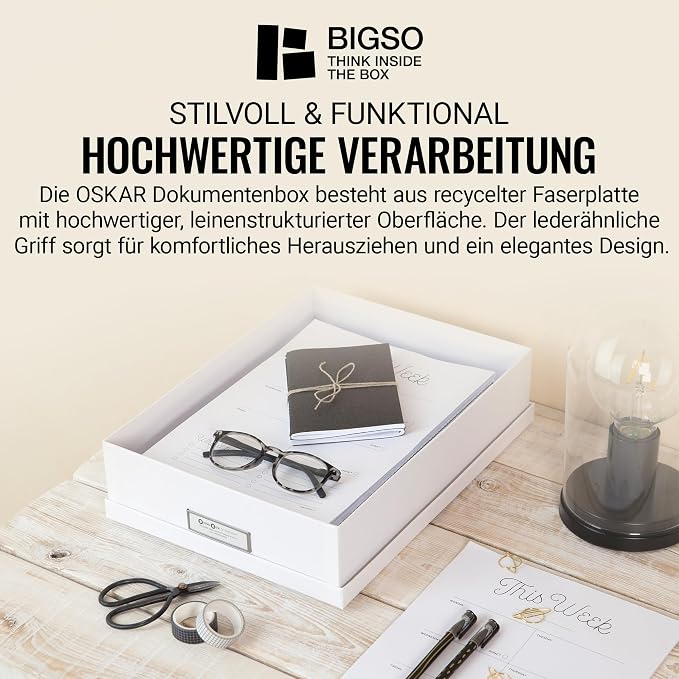 Bigso Box of Sweden Document Box for A4 Paper, Brochures and Notes - Box with Lid and Handle - Fibreboard and Paper Box Storage with Lid - White