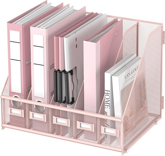 DALTACK Desk Organizers Metal Magazine File Holder with 5 Vertical Compartments Folder Storage Binder Organizer for Office Home School Organization, Pink Plus