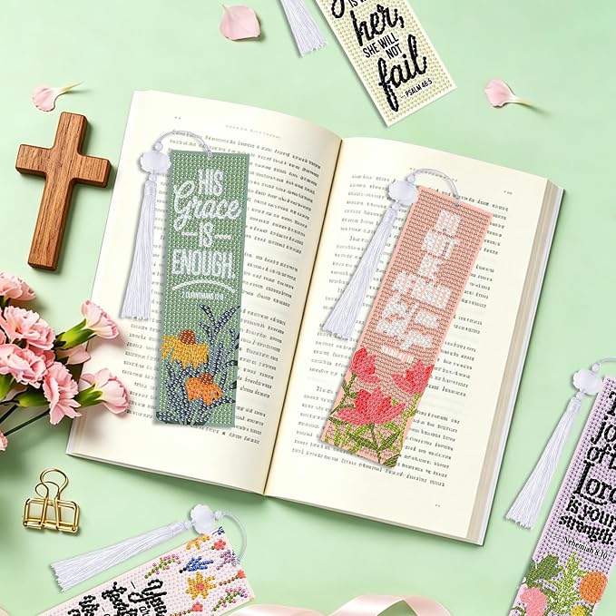 8 Pieces Christian Bible Verse Diamond Art Bookmarks 5d Christian Beaded Bookmark Acrylic Tassel Bookmark for DIY Making Beginners Adults Arts Craft Supplies (Floral Christian-1)