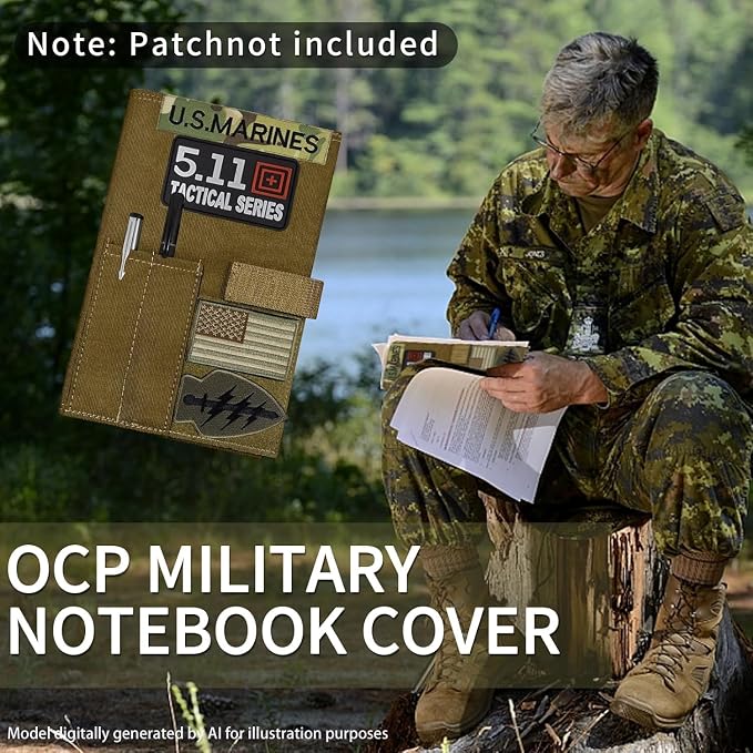 OCP Military Book Cover, Tactical Notebook Cover for 5.5”X 7.5” Journal Notebook Cover, OCP Green Book Cover, Field Notes Ring Binder, Folder Planners, Legal Pads with Pen Holder (Brown)