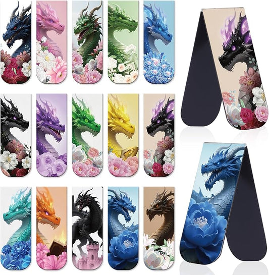 Cool Dragon Flower Magnetic Bookmark, 15Pcs Fantastic Floral Dragon Book Marks, Unique Animal Page Magnet Book Markers for Men Boy School Student Teacher Reading Lovers Gift
