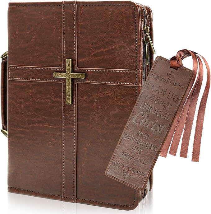 Bible Cover Case PU Leather Bible Bag for Men, with Leather Bookmark, Pen Slots, Handle, Strong and Sturdy Church Bag, Christian Gifts for Men and Women, Fits Standard Size Bibles (Brown)