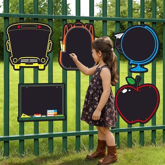 MotiMind 5 Pcs Giant Outdoor Chalkboard for Kids Suitable Indoor and Outdoor Use, Weatherproof Large Black Chalkboard Panels for Wall Back to School Decorations (School Icons)