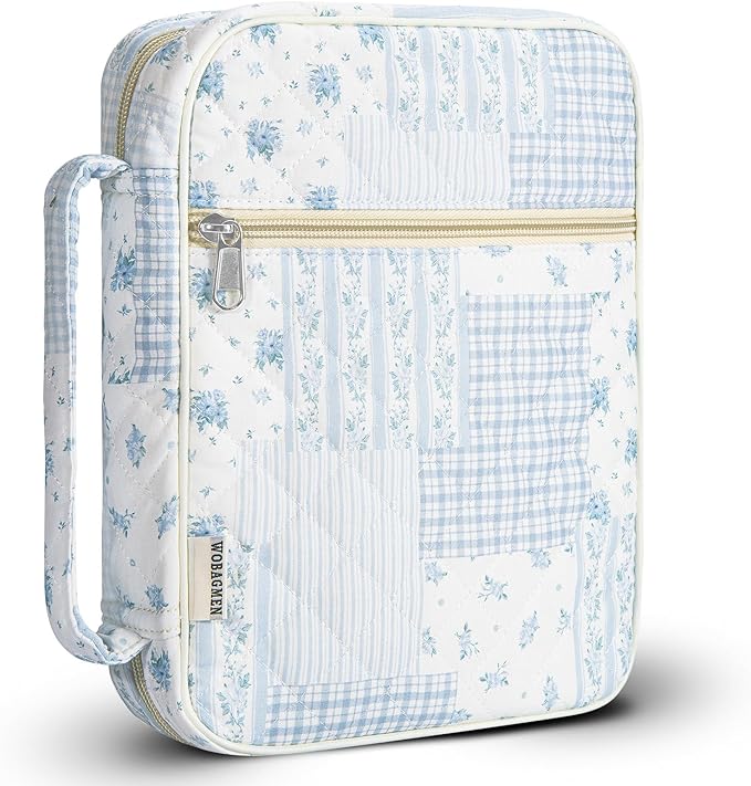 WOBAGMEN Bible Cover Case for Women,Large Bible Tote Bags Organizer Quilted Carrying Case for Girls,Bible Study Supplies Accessories Christian Gifts for Women (Blue Patchwork, M)