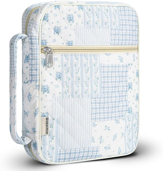 WOBAGMEN Bible Cover Case for Women,Large Bible Tote Bags Organizer Quilted Carrying Case for Girls,Bible Study Supplies Accessories Christian Gifts for Women (Blue Patchwork, M)