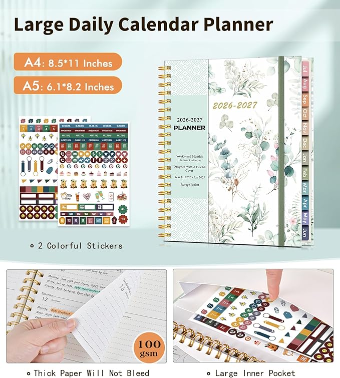 Academic Planner 2026-2027, Weekly and Monthly Calendar Planner from July 2026 - June 2027, 8.5" x 11" A4 Large Daily Agenda Book with Tabs, Flexible Cover, College School Organizer for Student Teacher, Aesthetic Leaf