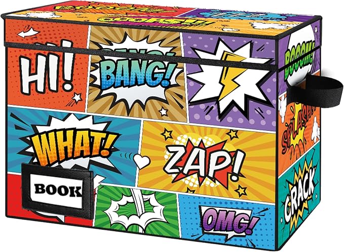 Comic Book Storage Box, 15.8" X 7.8" X 11.8", Heavy Duty Collapsible Holds 160-180 Comic Book Bin Container Holder Shelf(Cartoon Colorful)