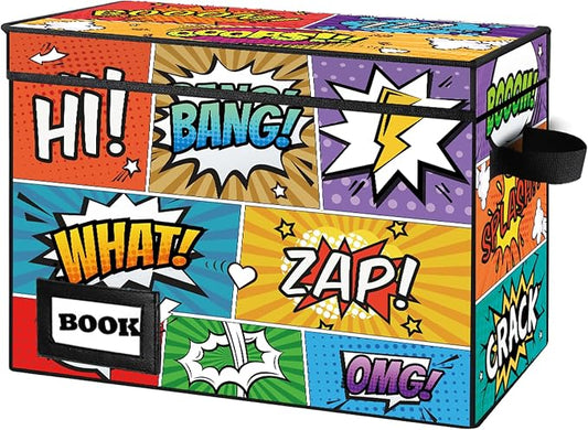 Comic Book Storage Box, 15.8" X 7.8" X 11.8", Heavy Duty Collapsible Holds 160-180 Comic Book Bin Container Holder Shelf(Cartoon Colorful)