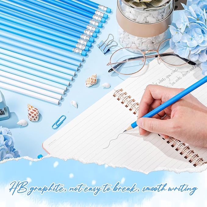 24 Pcs Round Pencils with Eraser 2 HB Cute Pencils Bulk for School Graphite Wood Color Unsharpened Pencil for Drawing Sketching Wedding School Teacher Supplies Student Reward(Blue)