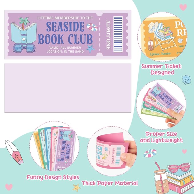 Laffact Summer Book Club Ticket Bookmarks - 120Pcs Cute Vacation Bookmarks Poolside Reading Tracker Page Marker, Readers Accessories Book Club Gifts for Book Lover Bookish Birthday Summer Party Favors