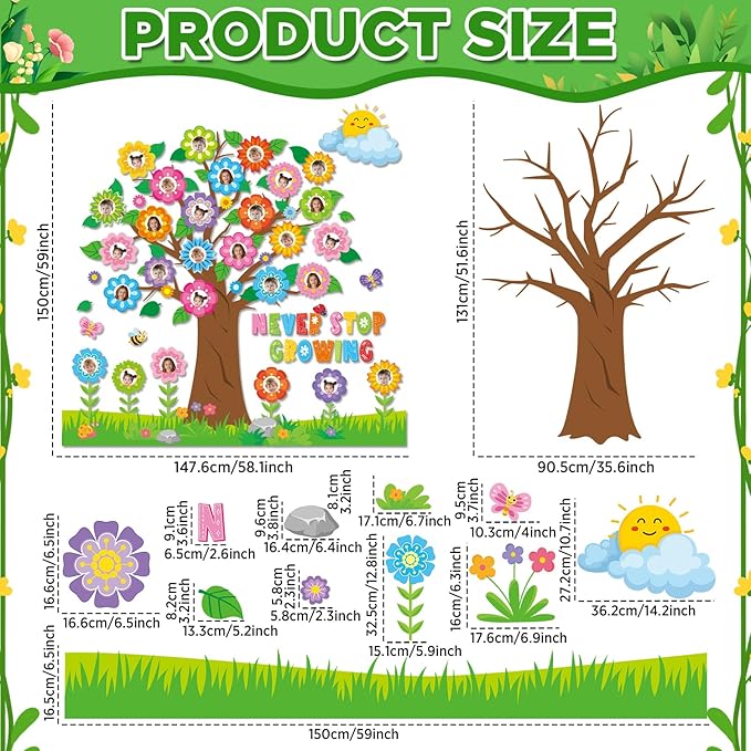 Spring Tree Bulletin Board Decorations Colorful Flowers Butterfly Classroom Bulletin Board Set Never Stop Growing Photo Posting Craft Cutouts for Home School Offices Back to School Wall Decor Supplies