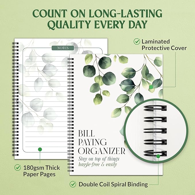 Decorably 14 Pocket Pages Undated Eucalyptus Bill Payment Tracker Monthly Organizer, 9x12in Spring-Bound, with Notes and Stickers for Listing Payments, Expenses and Receipts - Home, Work