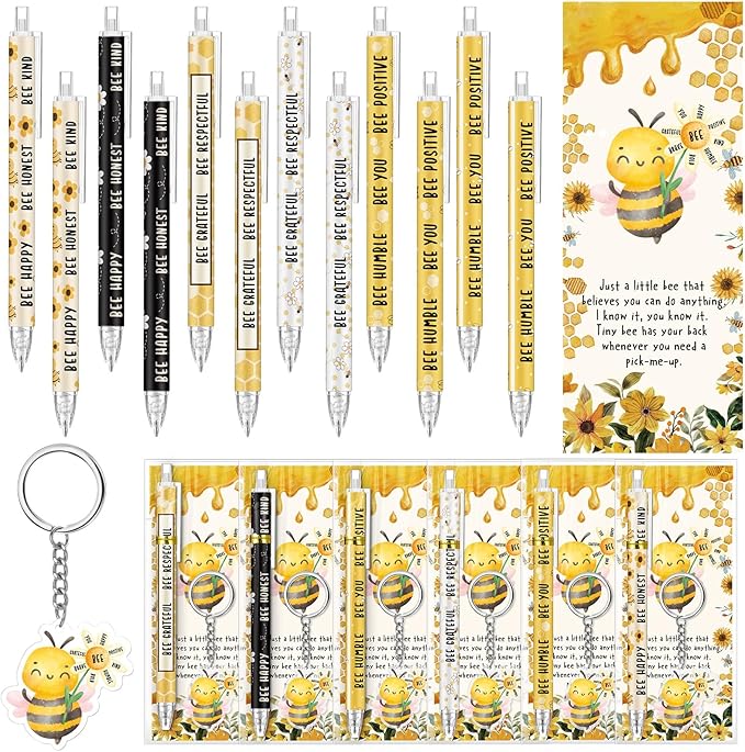 Kosiz 30 Sets Bee Party Favors End of Year Gifts Positive Ballpoint Pens Honey Flower Keychains and Bookmarks Bulk Bee Themed Inspiration Gifts for Student Class Reward School Office Prizes