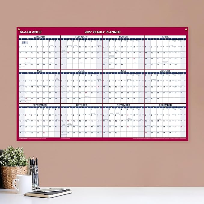 AT-A-GLANCE 2027 Erasable Calendar, Dry Erase Wall Planner, 36" x 24", Vertical-Horizontal, Reversible, Includes Marker (PM262827)