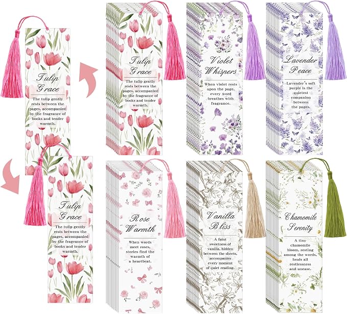 Sinmoe 60 Pcs Scented Bookmarks for Women Book Lovers Scratch and Sniff Rose Flower Bookmarks with Tassels Smelly Craft Reading Gifts for Reading Gifts Tags Readers Teacher Writer 1.8 x 6.1 Inch