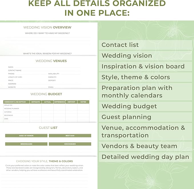 Clever Fox Wedding Planner Book and Organizer – Guided Wedding Planning Journal & Bridal Notebook with Tips & Checklists – Engagement Gifts for Bride or Engaged Couple (Green, White Foil)