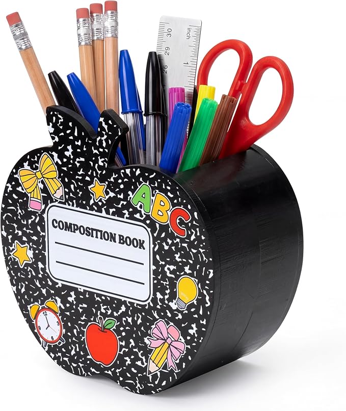 MALLMALL6 Wooden Pencil Holder - Back To School Pen Desk Organization, Black Wood Desk Caddy Case for Teacher Student, Desktop Storage Organizer for Classroom Office Home