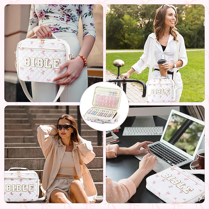 Sinload Quilted Bible Cover Case for Women 12 x 9 x 2.5 Inch Bible Chenille Letter Bag with Shoulder Strap Carrying Tabs 6 Colored Pens 12 Highlighters Christian Church Study Gifts(Pink,Bow)
