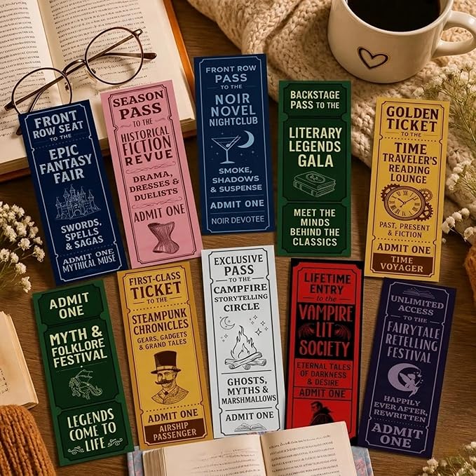 Vintage Bookmarks Bulk Gifts - 100 Pcs Book Club Ticket Paper Bookmark for Women Girls Students Fantasy Horror Page Marks School Reading Accessories Bookish Merch Gift for Birthday Graduation