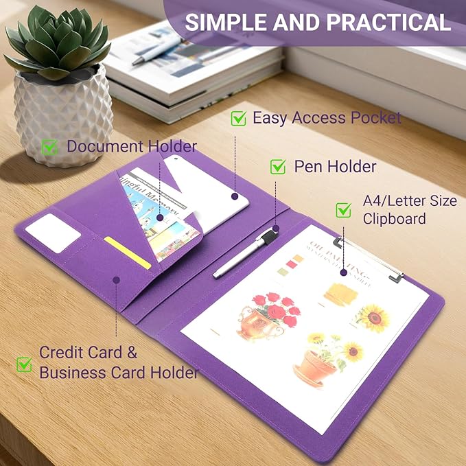 Professional Portfolio Binder, Faux Leather Padfolio for Resume, Note-Taking & Meetings, A4 Letter Writing Pad Holder for Women & Men, Purple