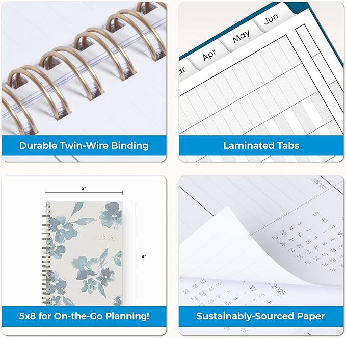 Blue Sky 2025-2026 Weekly and Monthly Academic Year Planner Calendar, July 2025 - June 2026, 5" x 8", Flexible Cover, Wirebound, Laminated Tabs, Bakah Blue