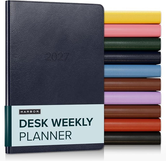 Harbor Desk Weekly Monthly Planner 2027 - Calendar Planner and Notebook, Durable Faux Leather, 192 Pages, Softcover & Book Bound - Leida Navy - 8x5.5"