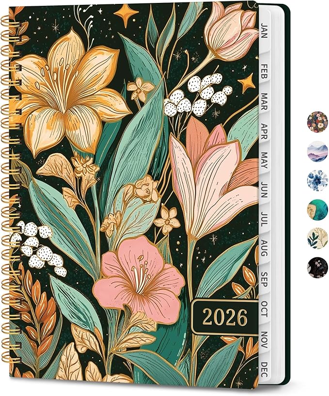 2026 Planner, Weekly and Monthly Planner for Women, January 2026 - December 2026, Hardcover 2026 Calendar Planner Book with Tabs, Inner Pocket, Spiral Bound, Perfect for Office Home School Supplies - A5 (6.3" x 8.5"), Golden Lilies