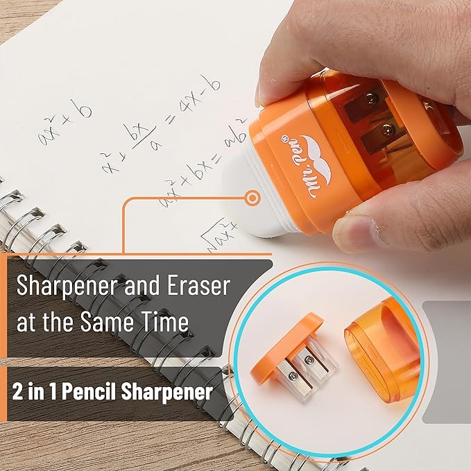 Mr. Pen- Pencil Sharpener & Eraser, 4 Pack, 2-in-1 Manual Sharpeners with Canister, 2 Sharpening Holes for Standard & Jumbo Pencils, Colorful Dual Hole Design for School, Office, Home, Kids
