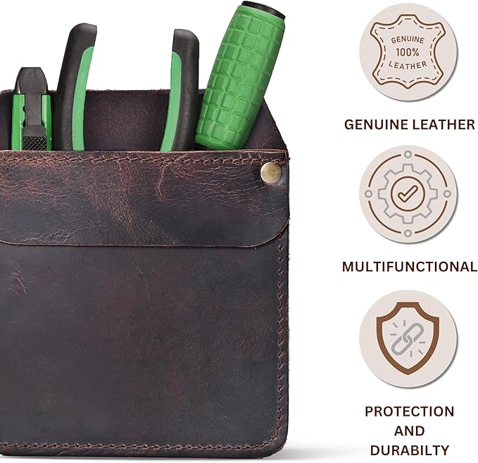 Large Pocket Protector Genuine Dark Brown Buffalo Leather Pen Holder Pouch Organizer for Shirts, Lab Coats, Pants - Multi-Purpose - Holds Pens, Pencils, tools and Notes for School, Office