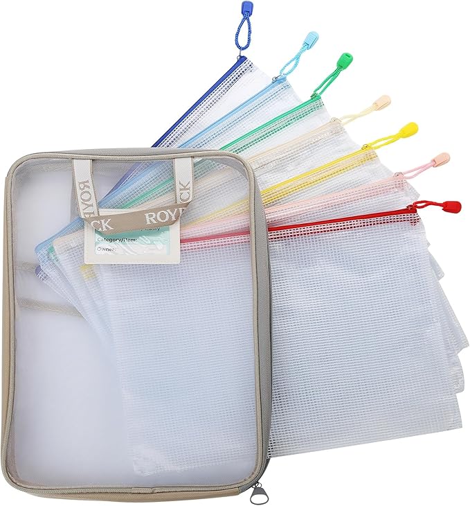 7-Pack Mesh Zipper Pouch with 1 Organizer Bag, A4 Size (13x9.4) Clear Waterproof File Bags, Fits 14 Inch Laptop, Professional Office & College Organizing System (8pcs)