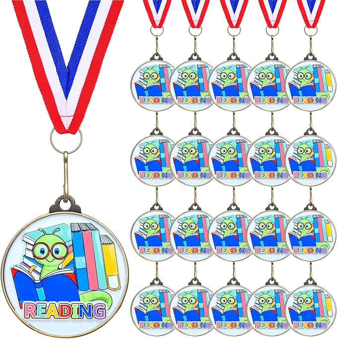 Cunno 20 Pcs Reading Medals Bulk 2'' Book Worm Reading Award Medals with Neck Ribbon Trophy Prizes Winner Gift for School Classroom Students Teaching Competitions Supplies
